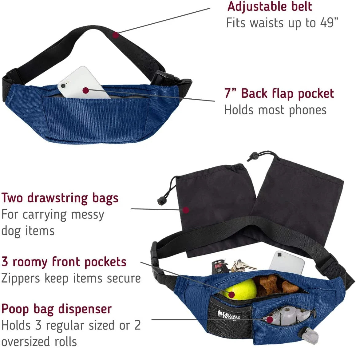 | Packup Pouch | Dog Treat Training Pouch with Waste Bag Dispenser | Adjustable Waist Belt Fanny Pack Design | Navy Blue